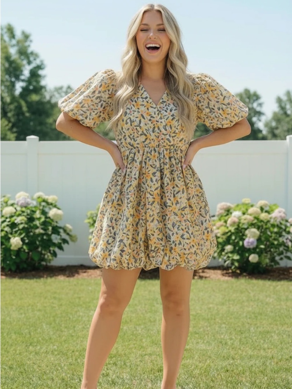 CURVY Floral Puff-Sleeve Mini Dress in Yellow